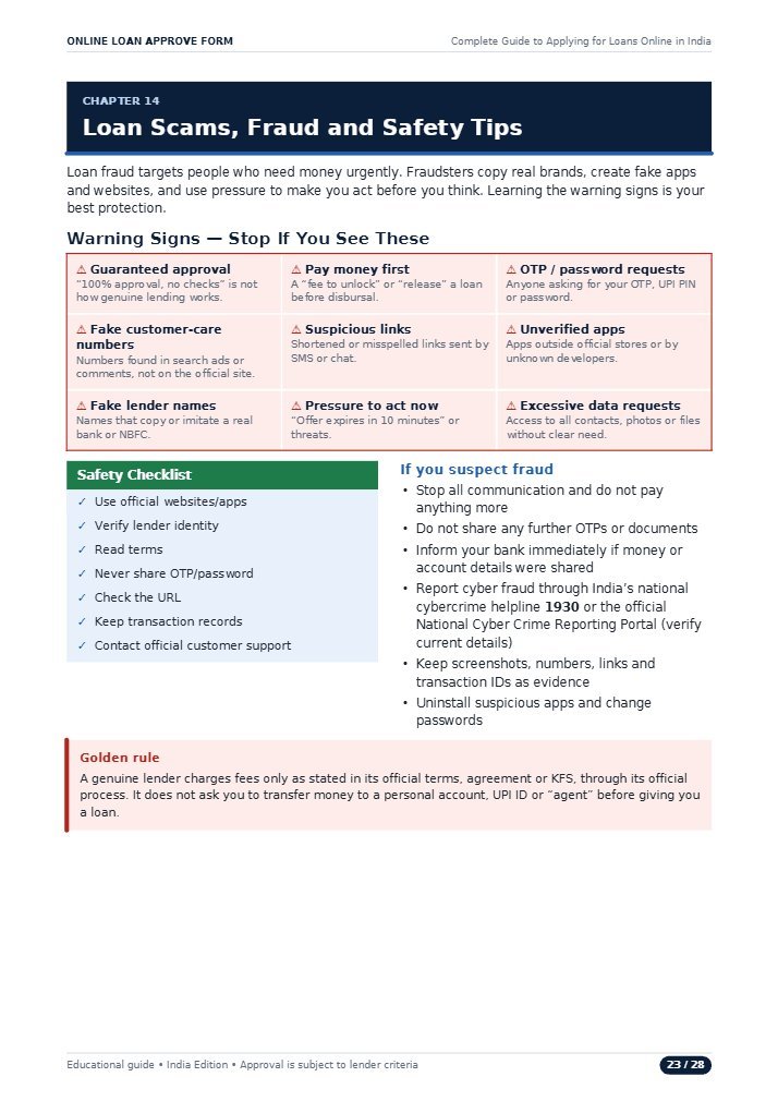 eBook page 23: Loan Scams, Fraud and Safety Tips, with nine warning signs