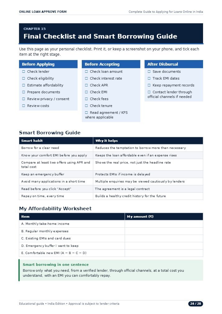 eBook page 24: Final Checklist and Smart Borrowing Guide, with an affordability worksheet